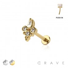 MULTI CZ MARQUISE CLUSTER WITH THREE ROUND CZ THREADLESS (PUSH IN) 316L SURGICAL STEEL LABRET SET